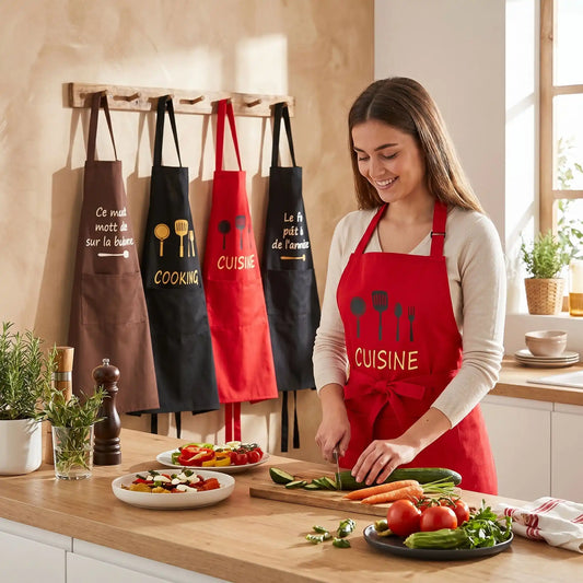 femme porte tablier cuisine rouge en cuisine